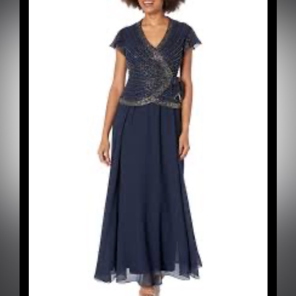 Nwt JKara  Navy Chiffon Embellished Evening Dress Gown - Picture 2 of 14